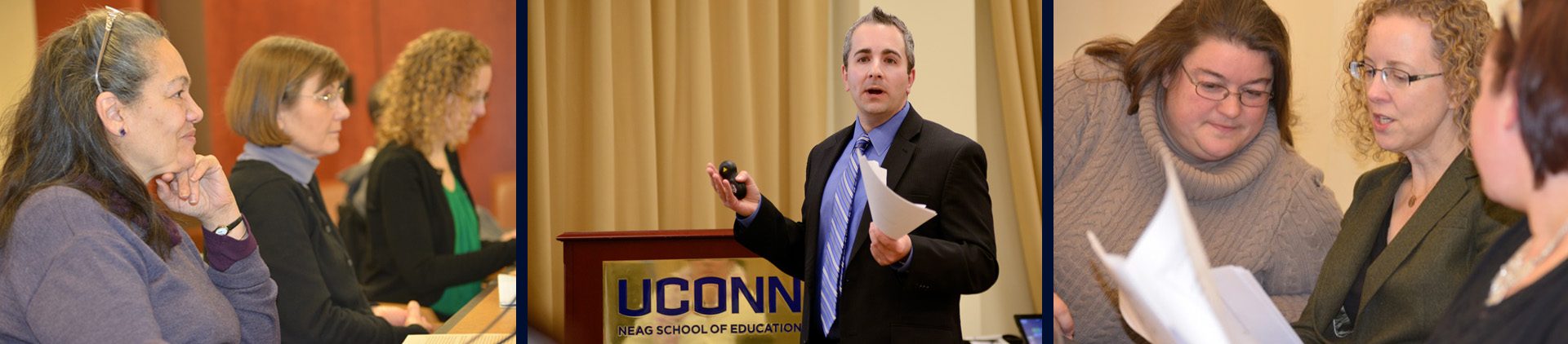 Three cohort students enjoying a presentation, a speaker presenting to Ed.D. students, and several cohort students discussing a topic in their Ed.D. program